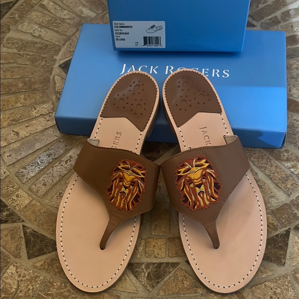 Jack Rogers Brown Sandals with Lion Embroidery